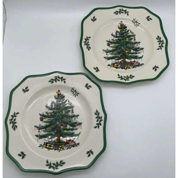 Set Of 2 Spode Christmas Tree Square Scalloped Dinner Plates 10.5 inch NOS - Picture 1 of 10